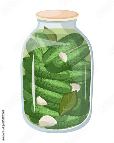 Vector illustration of a jar filled with pickled cucumbers, featuring a glass jar. The scene captures preserved food in a container.