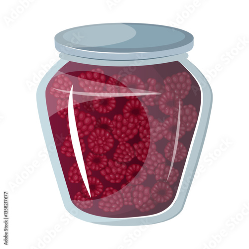 Vector illustration of a jar filled with raspberry jam, featuring a glass jar. The scene captures preserved food in a container.