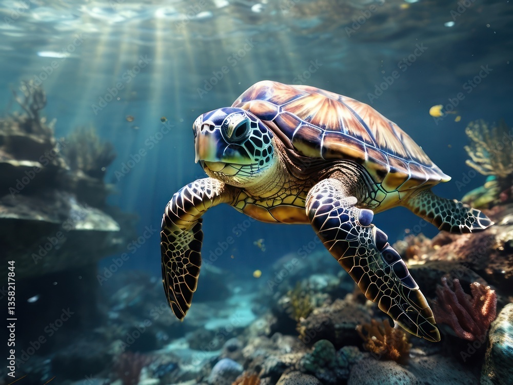 Sea Turtle Coral Reef Sunbeams.