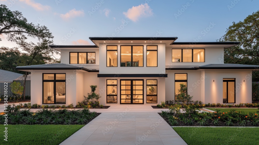 Luxury home minimalist and exclusive, A modern, elegant two-story house showcasing large windows, landscaped gardens, and a welcoming entrance, set against a serene evening sky. Luxury home minimalist and exclusive, A modern, elegant two-story house showcasing large windows, landscaped gardens, and a welcoming entrance, set against a serene evening sky.