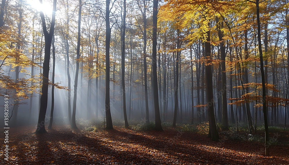 Obraz premium Bright sunlight illuminates a misty forest with autumn colored leaves