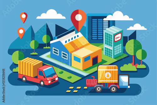 This illustration features a detailed warehouse map with delivery trucks navigating toward their destinations, Warehouse, map and truck,