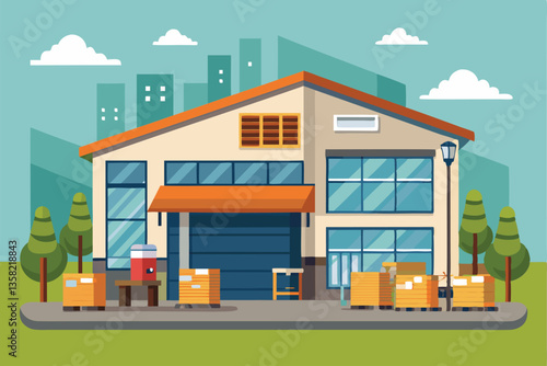 A modern warehouse displays deliveries outside while city buildings loom in the background under a clear sky, Warehouse vector