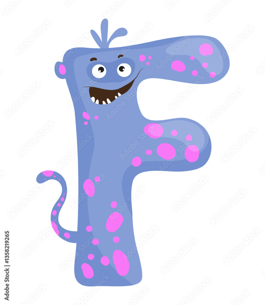 Fototapeta premium Vector illustration of the letter F as a monster character, featuring a purple design with eye and mouth. The scene captures a playful alphabet letter.