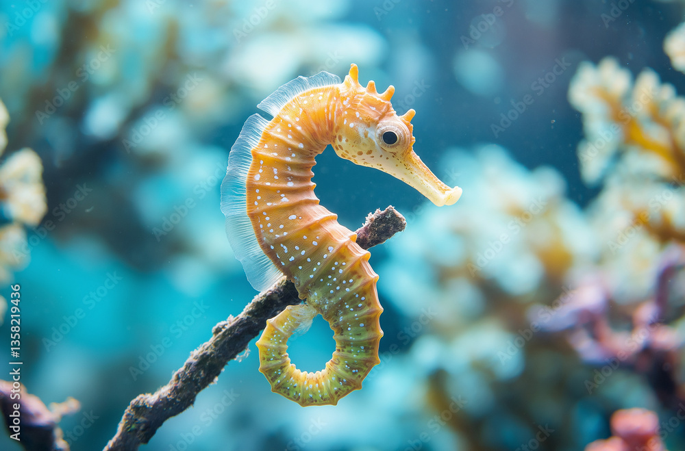 Intricate close-up of a seahorse delicately clinging to vibrant coral branch in marine wonder naturally Intricate close-up of a seahorse delicately clinging to vibrant coral branch in marine wonder naturally