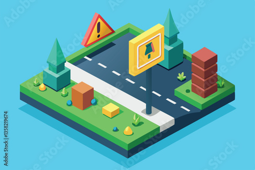 A vibrant isometric layout featuring a road with warning signs, trees, and geometric shapes in a playful setting, Warning Customizable Isometric Illustration