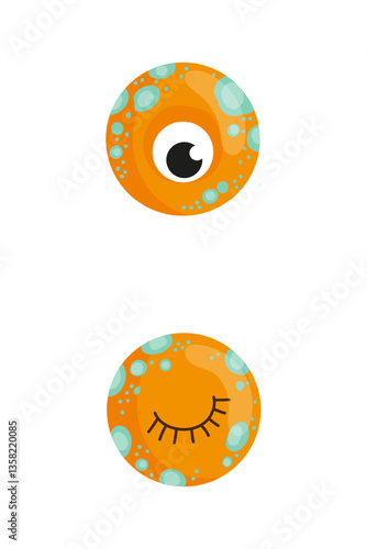 Vector illustration of a colon punctuation, featuring orange, blue, and brown eyes. The scene captures playful monster punctuation.