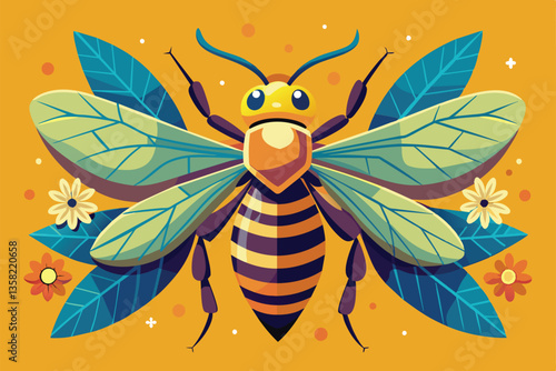 A detailed flat illustration features a wasp surrounded by colorful flowers and lush leaves, Wasp allergy Customizable Flat Illustration