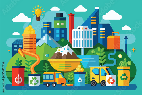 A vibrant illustration showcases diverse waste management options integrated into a city landscape, Waste management Customizable Disproportionate Illustration