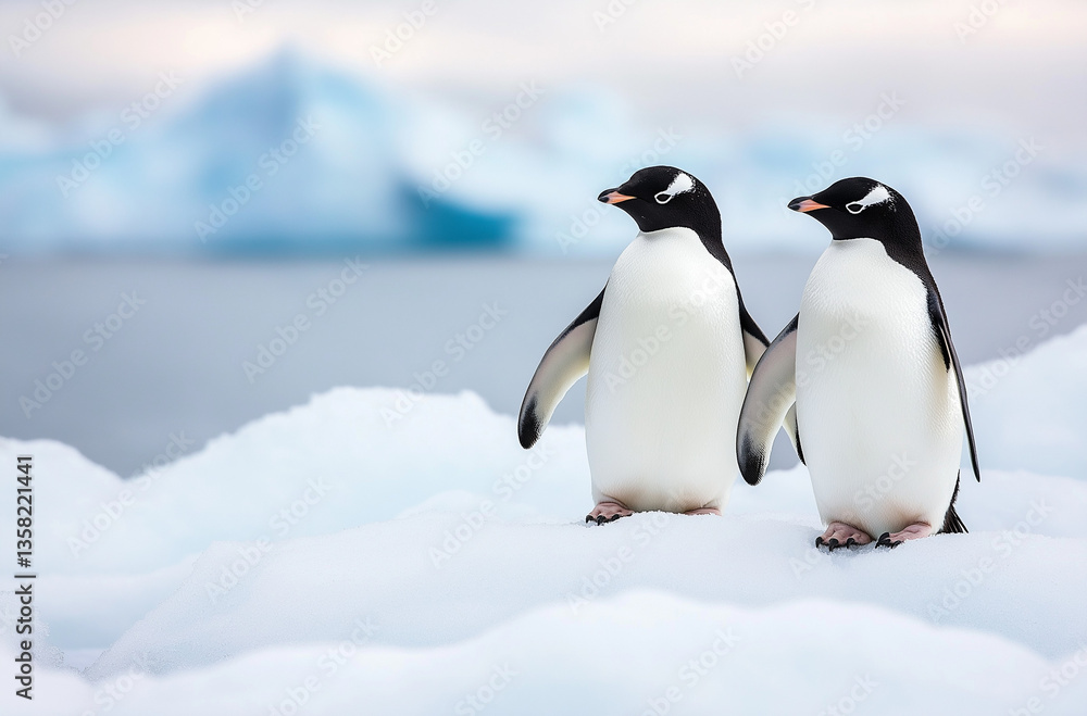 Obraz premium Adorable Pair Of Penguins Waddling Across A Snowy Icy Landscape Capturing Charming Antarctic Wildlife Moments
