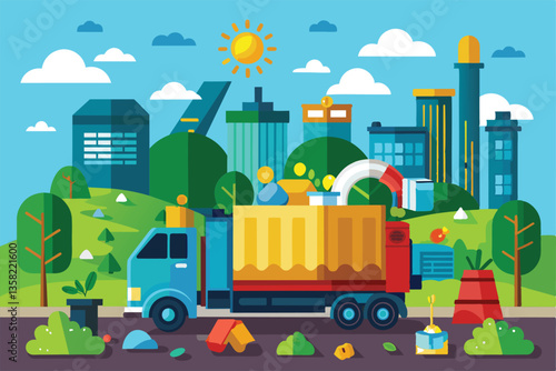 A colorful waste management truck operates in a bustling city under a sunny sky, promoting eco-friendly practices, Waste management Customizable Semi Flat Illustration