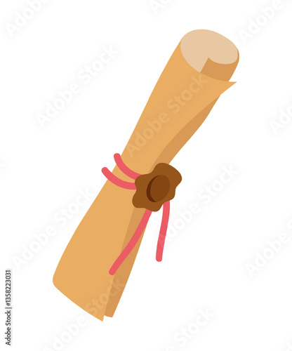 Charming vector illustration of a rolled pirate scroll tied with a red ribbon. The scene captures a vintage and adventurous feel.