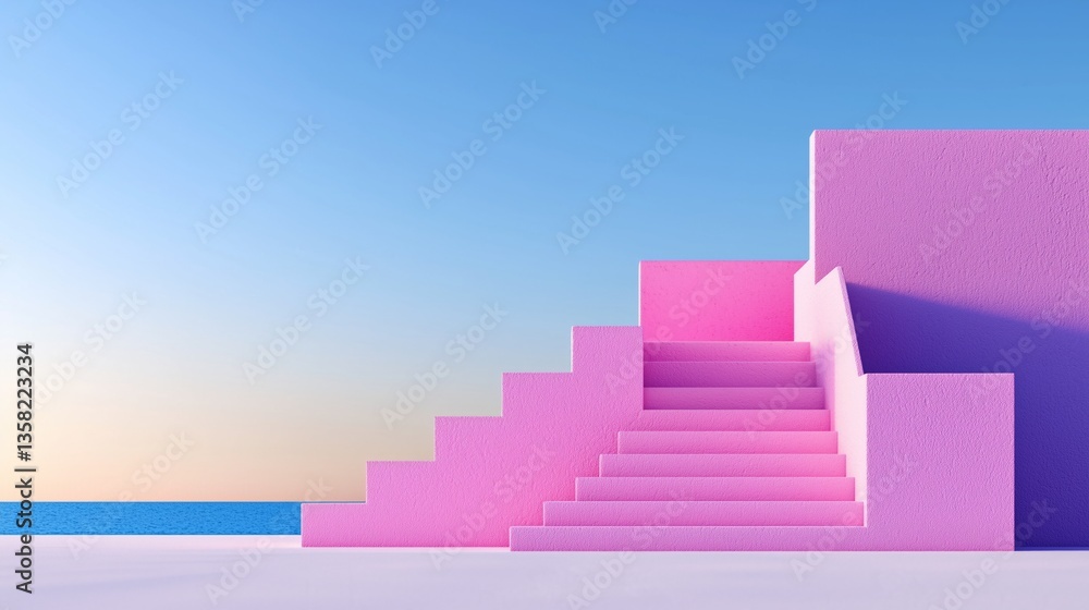 Fototapeta premium A pink staircase against a blue sky near an ocean setting