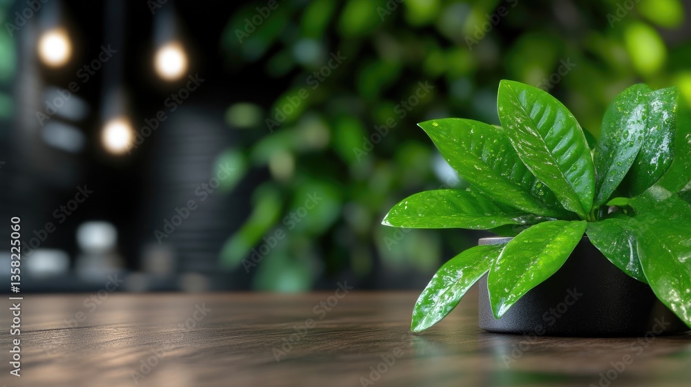 Fresh, vibrant greenery on a wooden surface. Blurred background with lighting Fresh, vibrant greenery on a wooden surface. Blurred background with lighting