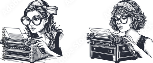 Engraved Design Woman with Large Glasses Typing on a Retro Typewriter, Embracing Vintage Charm vintage woman, typewriter, retro woman, big glasses, retro typewriter, engraving, classic, nostalgia