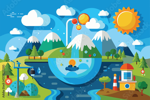 This colorful cartoon illustrates the water cycle with mountains, a river, and sun, showcasing natural processes, Water cycle Customizable Cartoon Illustration