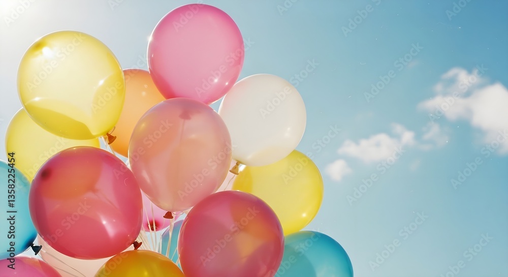 A close-up shot of a bunch of colorful balloons against a bright blue sky with a few wispy white clouds. A close-up shot of a bunch of colorful balloons against a bright blue sky with a few wispy white clouds.