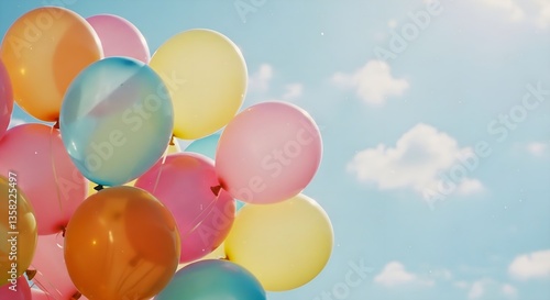 A close-up shot of a bunch of colorful balloons against a bright blue sky with a few wispy white clouds.