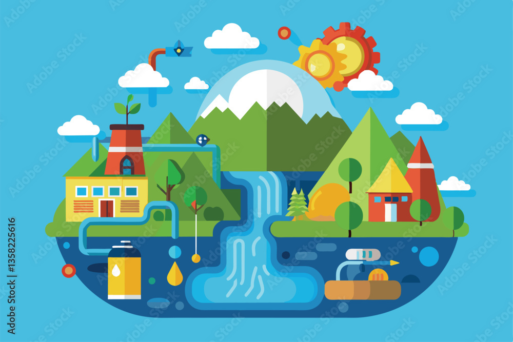 A vibrant illustration showcases the water cycle, featuring mountains, plants, and water sources, Water cycle Customizable Flat Illustration A vibrant illustration showcases the water cycle, featuring mountains, plants, and water sources, Water cycle Customizable Flat Illustration