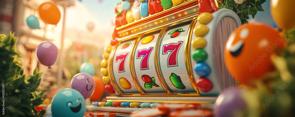 Obraz premium Colorful slot machine displaying 777 jackpot surrounded by cheerful balloons in a festive casino atmosphere