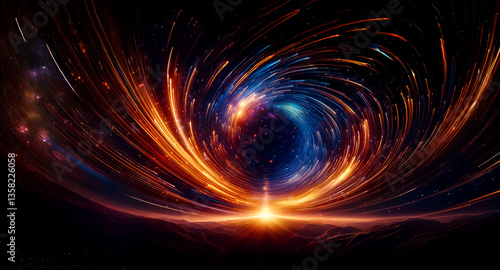 Vibrant cosmic energy erupts in swirling orange and blue hues, forming a dynamic vortex of light and motion against a dark space backdrop.