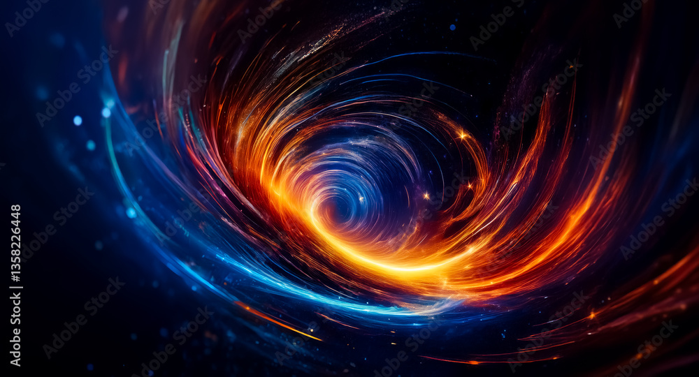 Abstract image of a swirling vortex with vibrant blue and orange light against a dark backdrop. Evokes cosmic energy and dynamic motion. Abstract image of a swirling vortex with vibrant blue and orange light against a dark backdrop. Evokes cosmic energy and dynamic motion.
