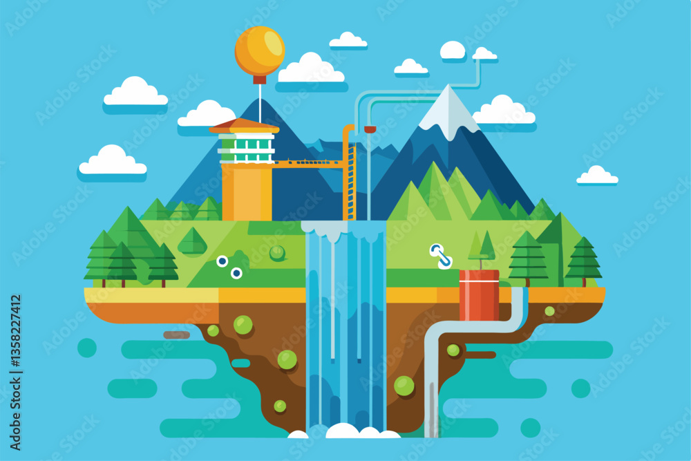 Fototapeta premium A vibrant landscape features a customizable waterfall cascading from mountains amid lush greenery, Waterfall method Customizable Flat Illustration