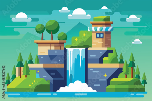 A vibrant illustration features a waterfall cascading over rocks with trees and mountains under a clear sky, Waterfall method Customizable Semi Flat Illustration