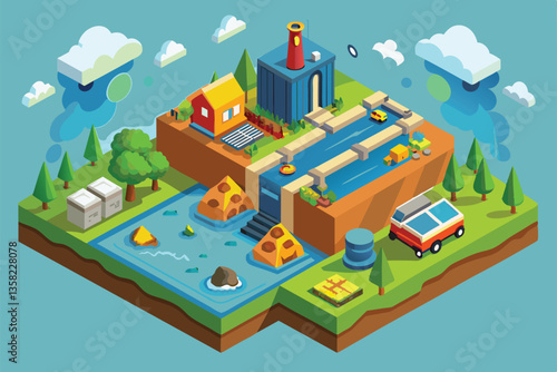 This illustration showcases a vibrant isometric setting highlighting the effects of water pollution on the environment, Water pollution Customizable Isometric Illustration