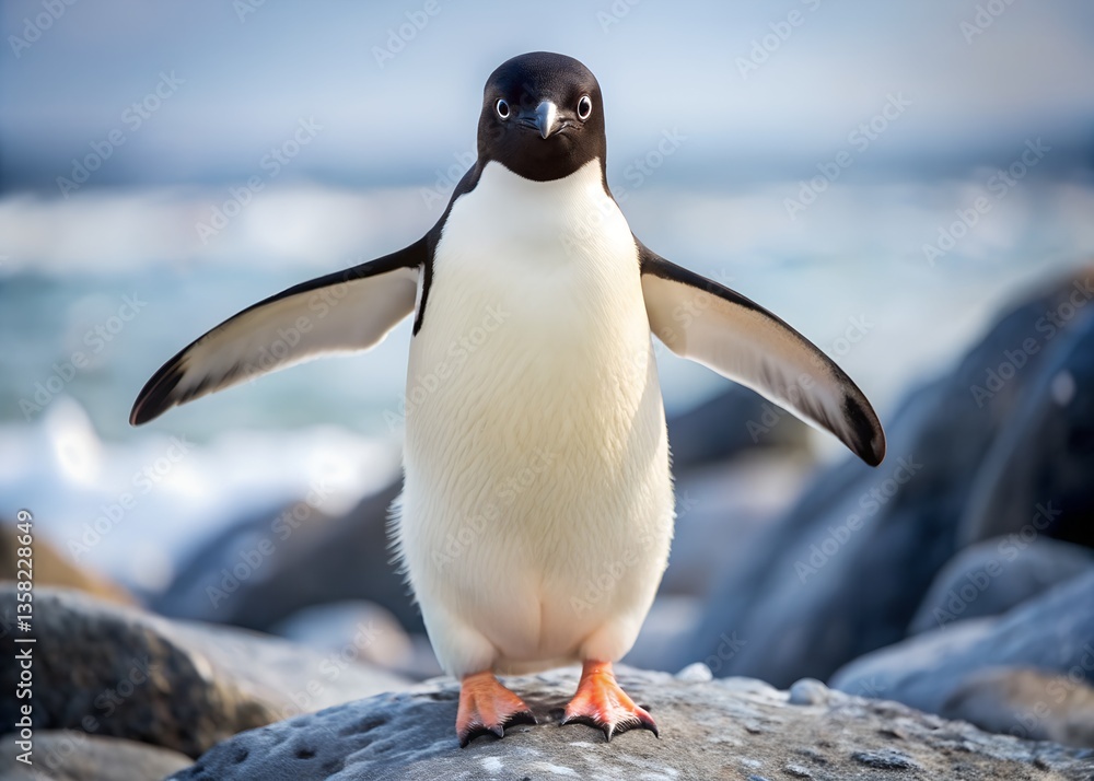 Naklejka premium Majestic Penguin: A solitary penguin, arms outstretched against the backdrop of a coastal scene. The stark contrast between its dark plumage and the serene environment emphasizes its unique elegance.