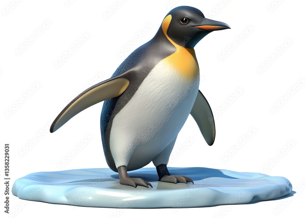 Obraz premium Penguin on Ice: A regal penguin stands confidently on a patch of ice, showcasing its striking black, white, and yellow plumage against the cool, frosty background.