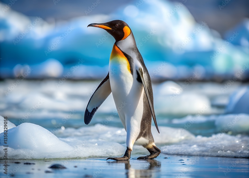 Fototapeta premium Majestic Penguin in Ice: A striking penguin confidently strides across the icy landscape, with its iconic black and white plumage gleaming in the cold sunlight.