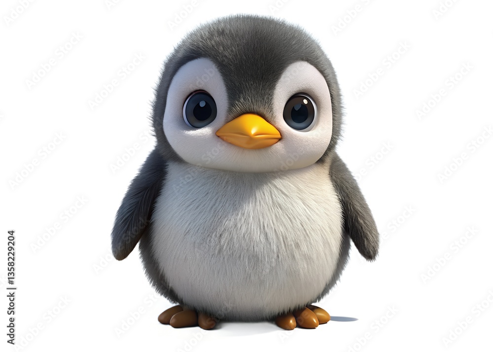 Naklejka premium Charming Penguin: A captivating image showcasing an adorable cartoon penguin with a fluffy chest and striking big eyes. The charming penguin stands proudly, instantly bringing a smile.