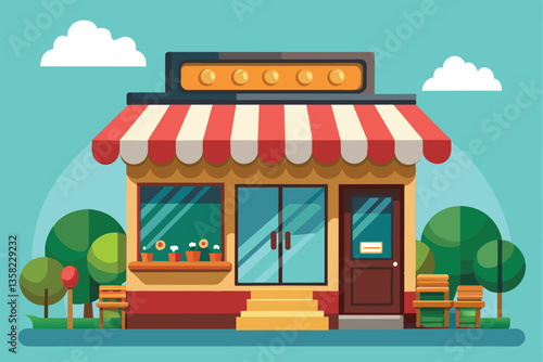 A delightful flower shop with colorful flowers, trees, and a welcoming entrance under a blue sky, We are open Customizable Cartoon Illustration
