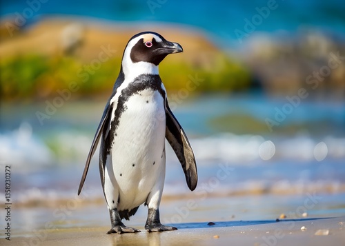 Penguin on the Beach: A captivating image of a penguin standing gracefully on a sun-kissed beach, with the ocean waves gently lapping at the shore. capturing a sense of peace, tranquility.