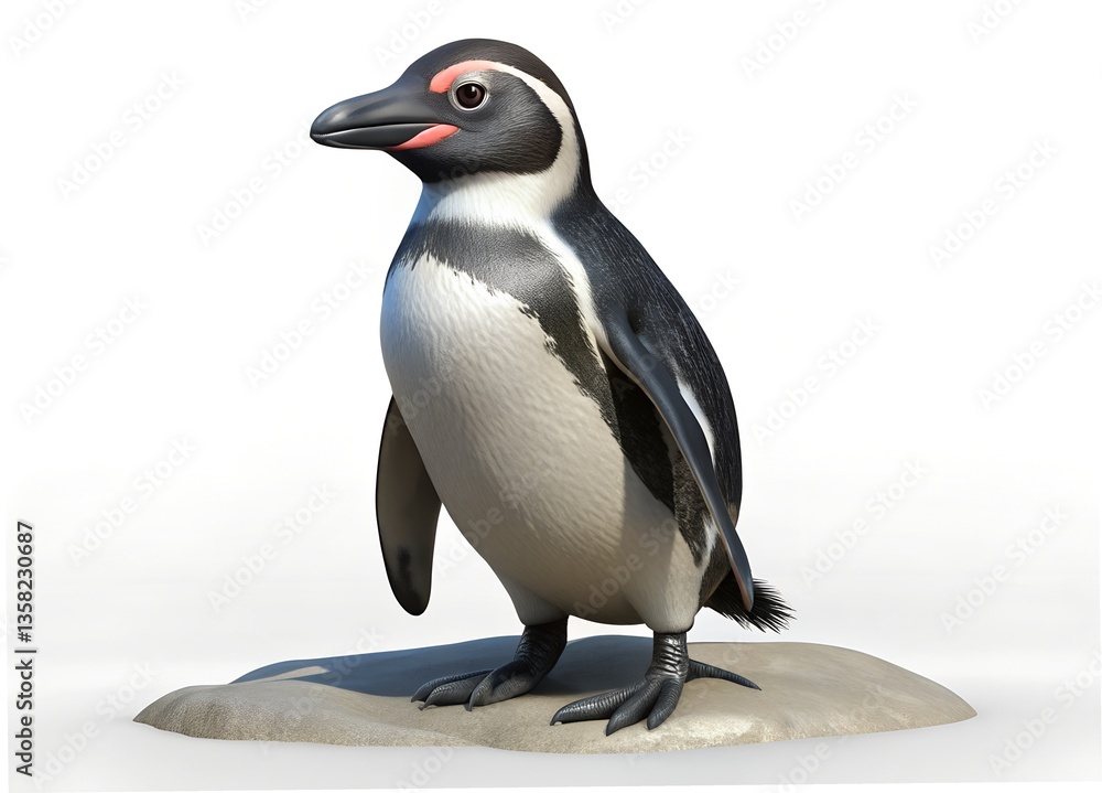 Obraz premium Penguin on Stone: A single penguin, showcasing its distinctive black and white plumage, perched on a stone, captured in a photorealistic representation.