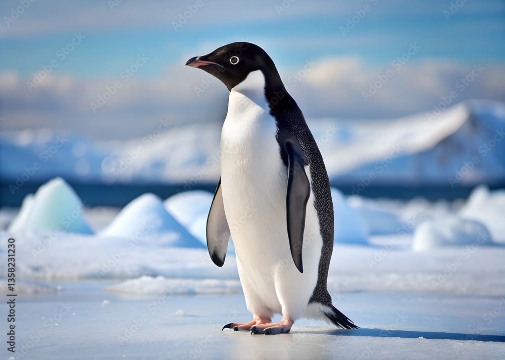 Obraz premium Adelie Penguin in the Arctic: A solitary Adelie penguin stands proudly on a pristine ice sheet, gazing out at the majestic, snow-capped mountains, an emblem of the remote polar regions