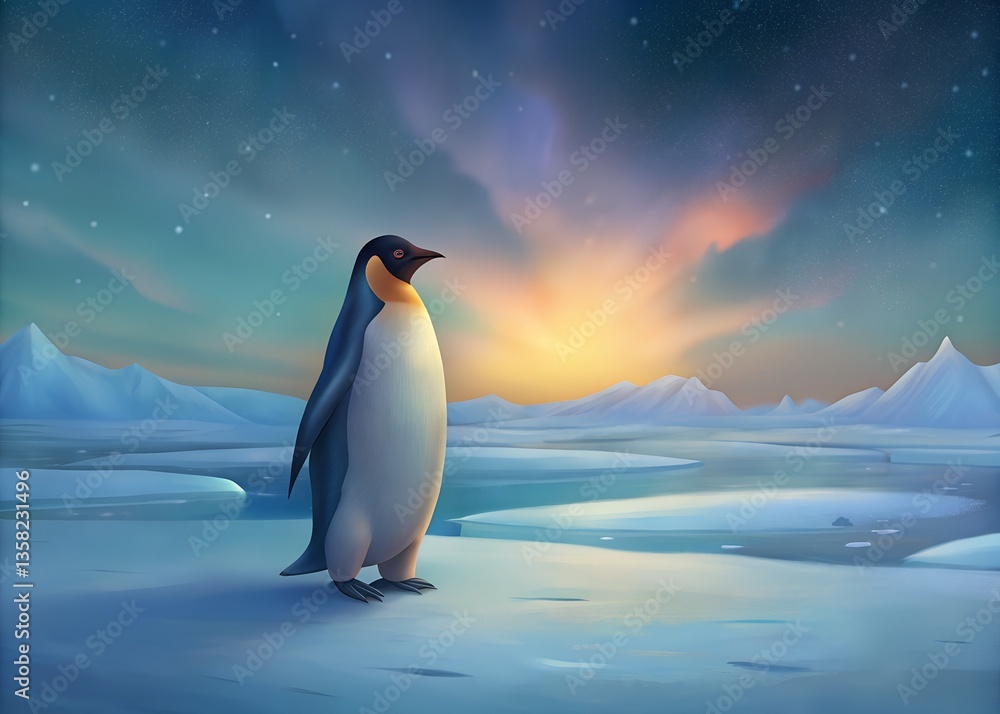Fototapeta premium A Penguin's Solitude: An emperor penguin stands solitary on a frozen terrain, gazing at the horizon as the sun rises over the snowy landscape.