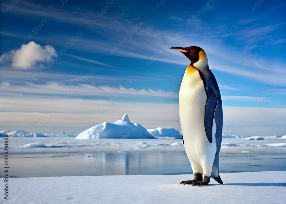 Fototapeta premium Regal Penguin Amidst Icy Majesty: A magnificent penguin stands proudly in a vast expanse of snow and ice, under a brilliant blue sky dotted with fluffy clouds.