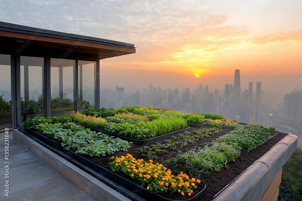 Obraz premium Rooftop Garden Sunrise Cityscape.