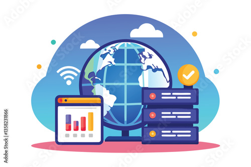 This graphic illustrates web hosting services with a globe, server stacks, and data analytics in the background, Web hosting icon and earth globe image