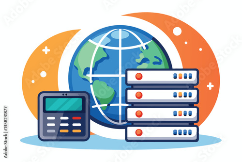 A globe is surrounded by servers and a computer, representing global web hosting services and technology, Web hosting icon and earth globe image