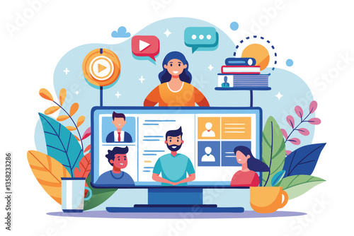 A lively online conference with participants discussing and sharing insights in a virtual setting, Webinar online conference simple,