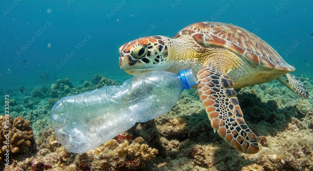 Fototapeta premium Sea Turtle Entangled in Plastic Bottle Ocean Pollution and Wildlife