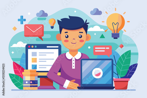 A young individual is focused on creating a customizable cartoon at a computer desk filled with creative elements, Website creator Customizable Cartoon Illustration