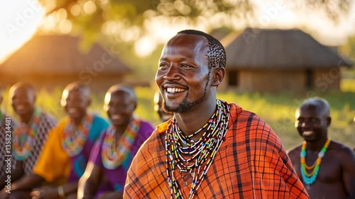 African Tribal Gathering, Smiling Men, Traditional Clothing, Village Scene, Possible Use for Cultural Tourism