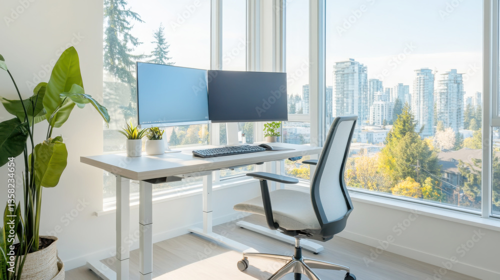 Fototapeta premium Modern home office with standing desk and panoramic city view