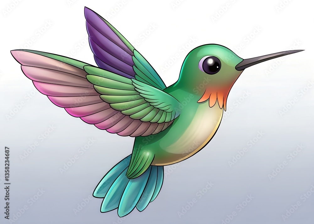 Obraz premium Hummingbird in Flight: An illustrative depiction of a vibrant hummingbird captured mid-flight, showcasing its delicate features, rich colors, and the dynamic energy of nature.