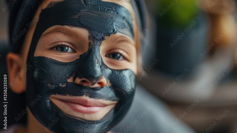 Cheerful scene: happy child with a lotion face mask embraces skincare, symbolizing the natural kid's cosmetics concept, softness, and nourishment, highlighting purity, self-care, playful relaxation. Cheerful scene: happy child with a lotion face mask embraces skincare, symbolizing the natural kid's cosmetics concept, softness, and nourishment, highlighting purity, self-care, playful relaxation.