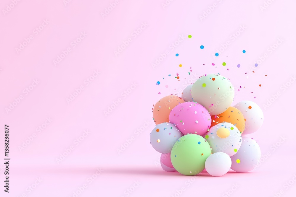 Pastel spheres cluster with confetti explosion Pastel spheres cluster with confetti explosion